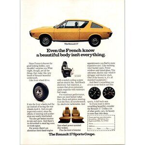 1973 Renault 17 Sports Coupe 2 Door Vintage Print Ad Classic Man Cave Wall Art